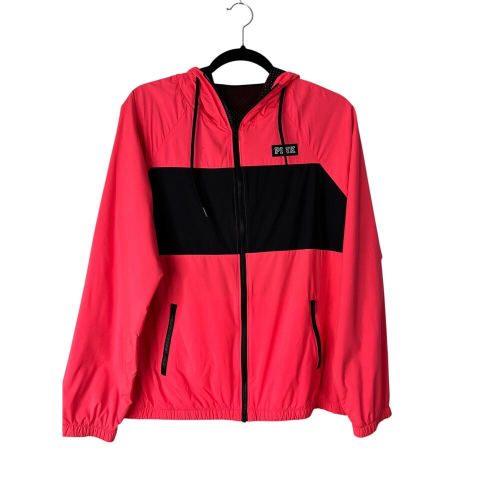 Pink Victoria's Secret Windbreaker Womens XS Full Zip Hooded Rain Jacket Pockets